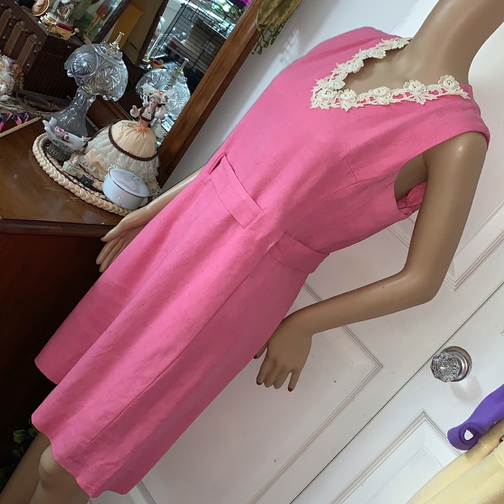 Authentic Vintage 1960's MOD Pink mini dress with pockets pure Irish linen  S M - Picture 10 of 13